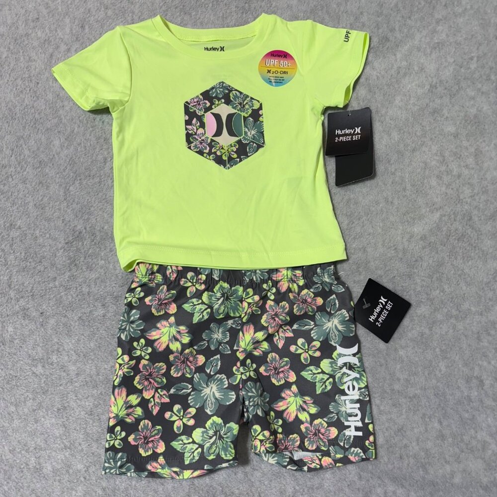 Hurley Baby 12M Infant Toddler Swim Shorts Rashguard 2-piece Yellow Gray SPF 50+